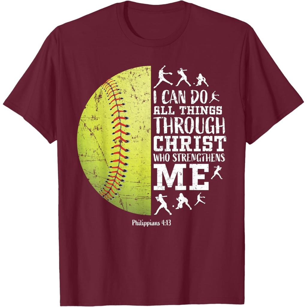 Softball I Can Do All Things Through Christ Graphic Tshirt Men Christian Faith Tee