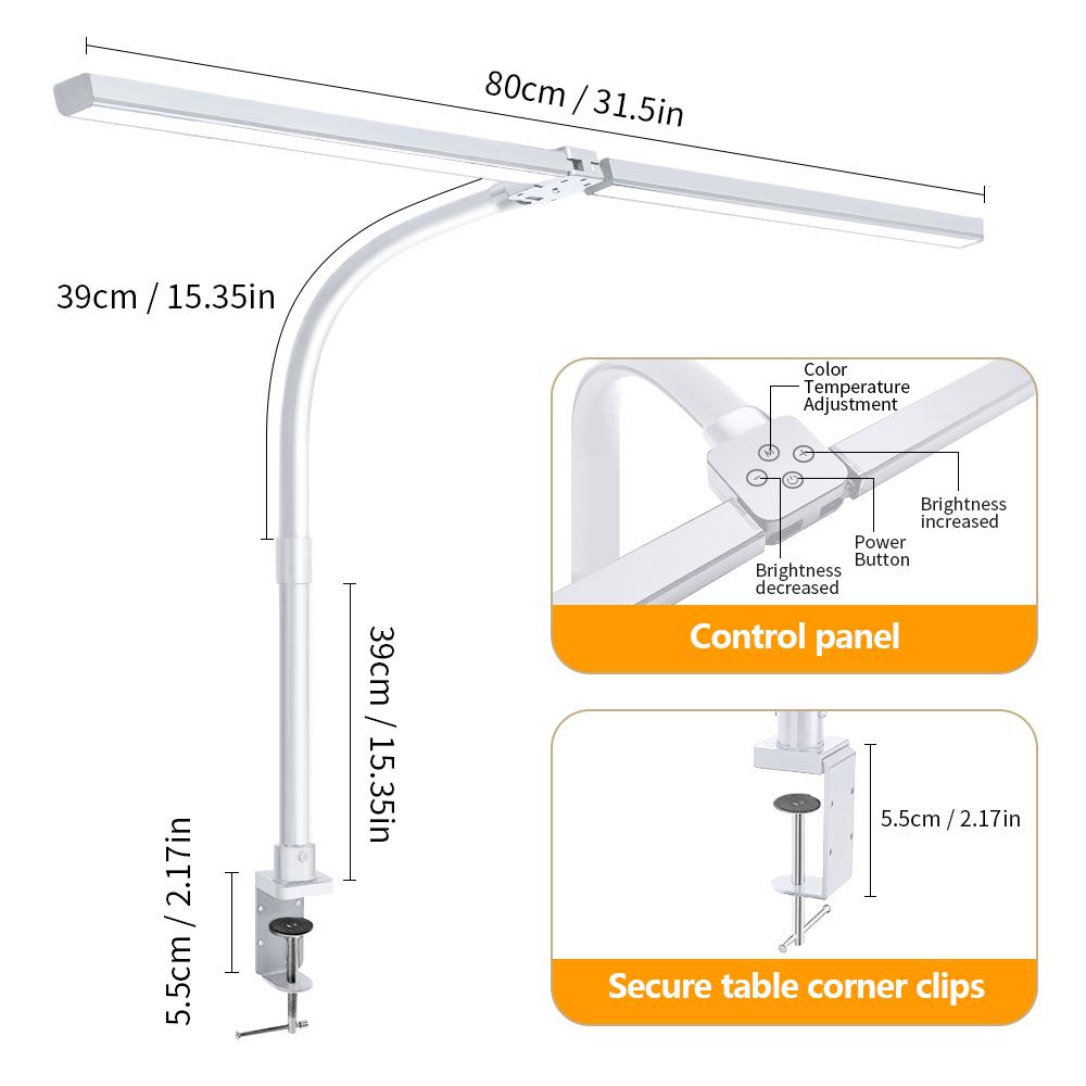 24W Ultra Bright Double Head LED Desk Lamp Eye-Caring Reading Light with Remote Control 5 Color Temperature Settings 10 Level