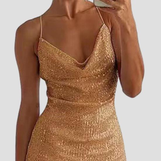 Damenkleid mit V-Ausschnitt, Spaghettiträger, glänzende Pailletten, rückenfrei, weich, ärmellos, schmale Passform, über dem Knie, Länge, Party, Club, Minikleid