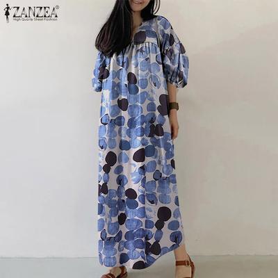 Damen Freizeit V-Ausschnitt 3/4 Ärmel Locker Print Langes Kleid
