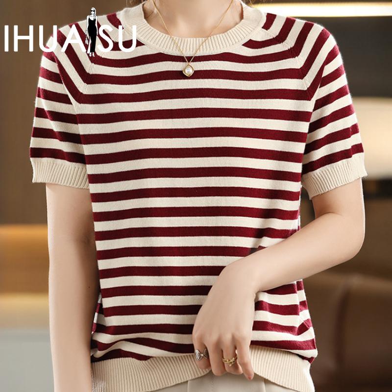 IHUASU Striped Cotton T-shirt Women's Summer Pullover Loose Versatile Half-sleeved Knitted Bottoming Shirt Short-sleeved