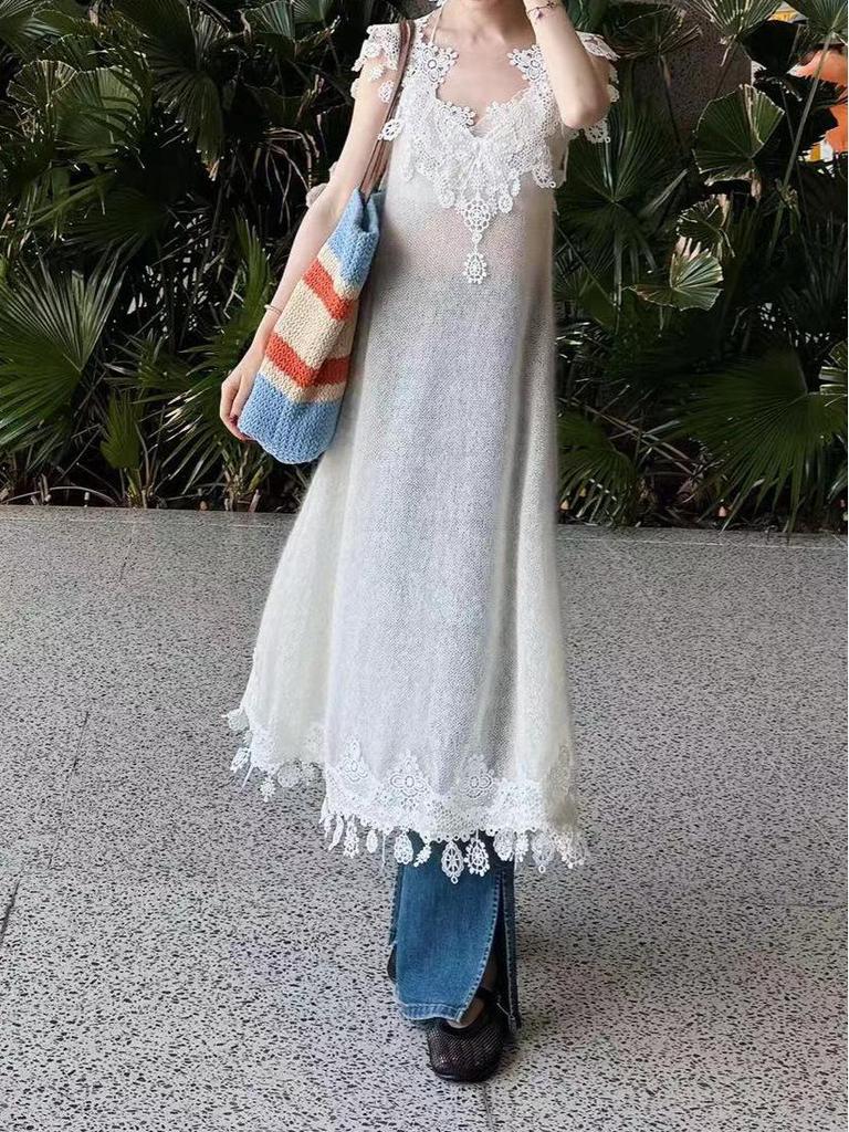 Urban Wave Beige Mohair V-Neck Lace Camisole Dress - Spring Collection