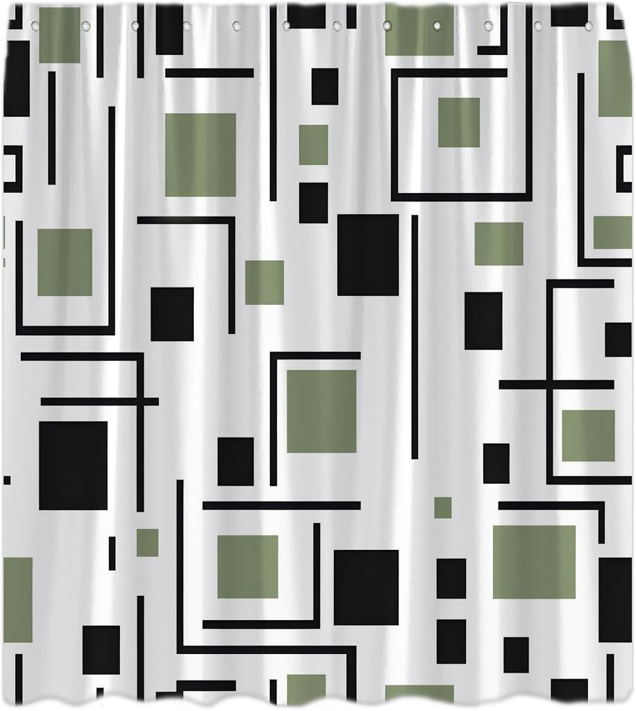 Green Shower Curtain Modern Black and White Abstract Geometric Stripe Rectangular Minimalist Art Aesthetic Bath Curtain