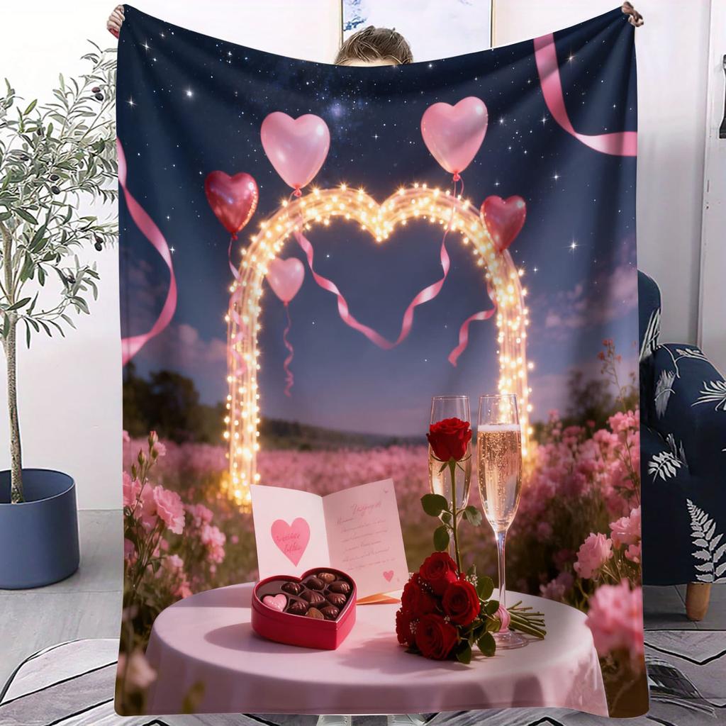 Cartoon Cupid Heart Rose Plush Blanket Cute Throw for Living Room Bed Valentines Celebrations Ideal Lovebirds Gift Enthusiasts