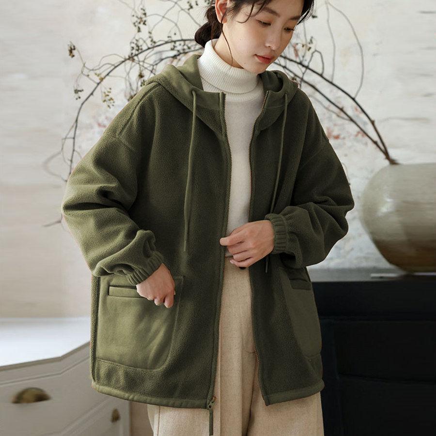 Damen Kapuzen-Fleecejacke Dünn gefüttert Locker geschnitten Einfarbig Lässig Koreanische Mode Frühling Herbst Sweatshirt
