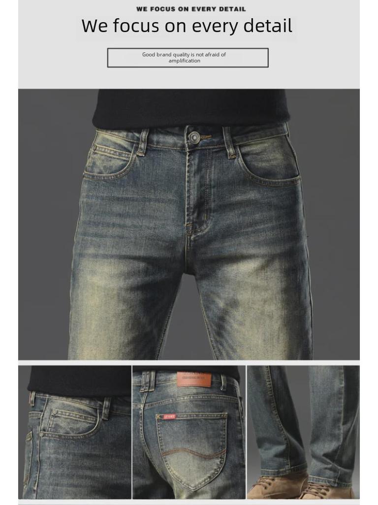 Men's Mid-High Waist Slim Fit Stretch Jeans - Trendy, Simple, Straight-Leg Trousers for Spring and Autumn.