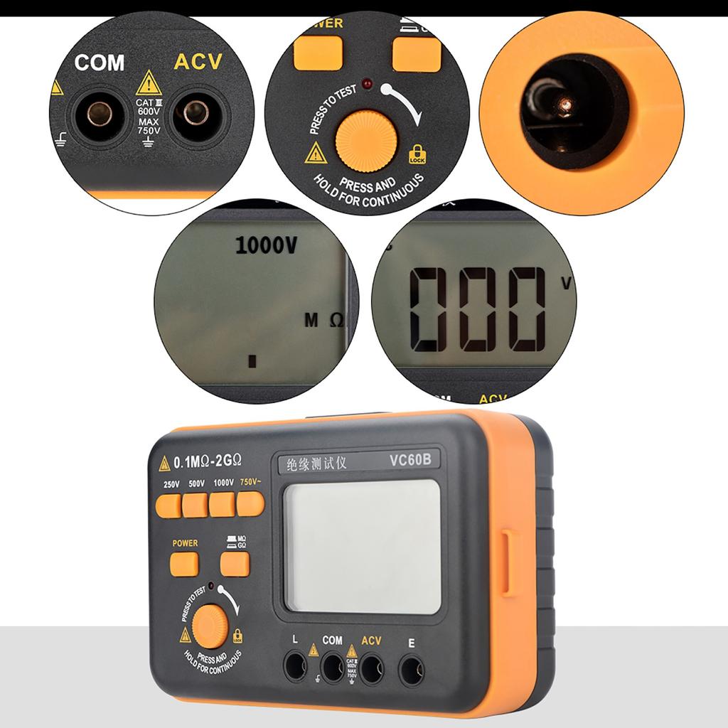 Insulation Resistance Tester VC60B Digital High Voltage Megohmmeter 250V 500V 1000V 1999 Count LCD Backlight Display