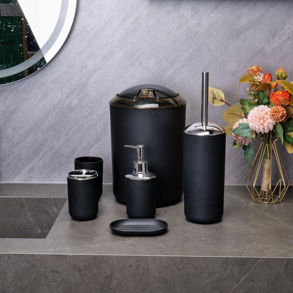 Solid Color Bathroom Accessory Set: 6-Piece Plastic Kit with Mouthwash Cup, Toothbrush Holder, Soap Dish, and Storage Containers.