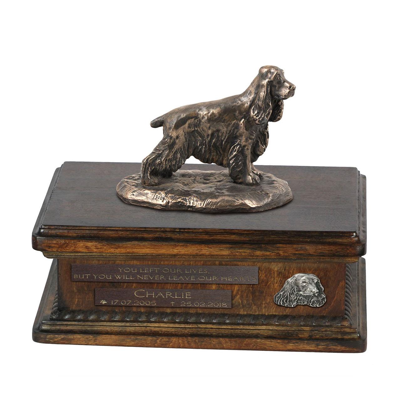 

English Cocker Spaniel - urn for dog ashes, personalized urn with a statue, wooden urn with a dog by Art-Dog brand коричневий