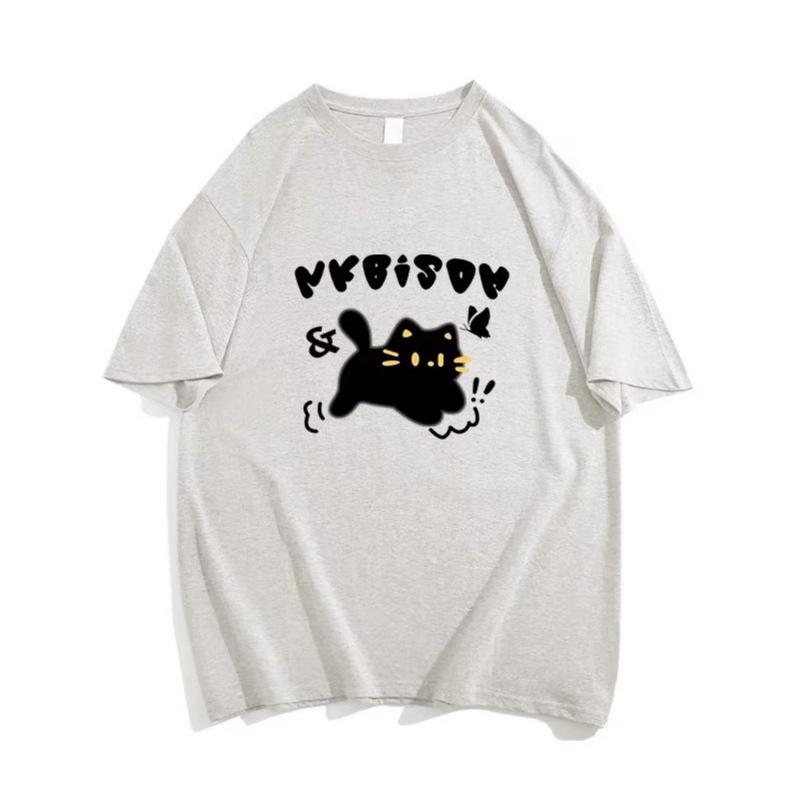 American Retro Design Kitten Print Short-sleeved T-shirt Pure Cotton Spring and Summer Loose Large Version Couple Men's and Women's Tops