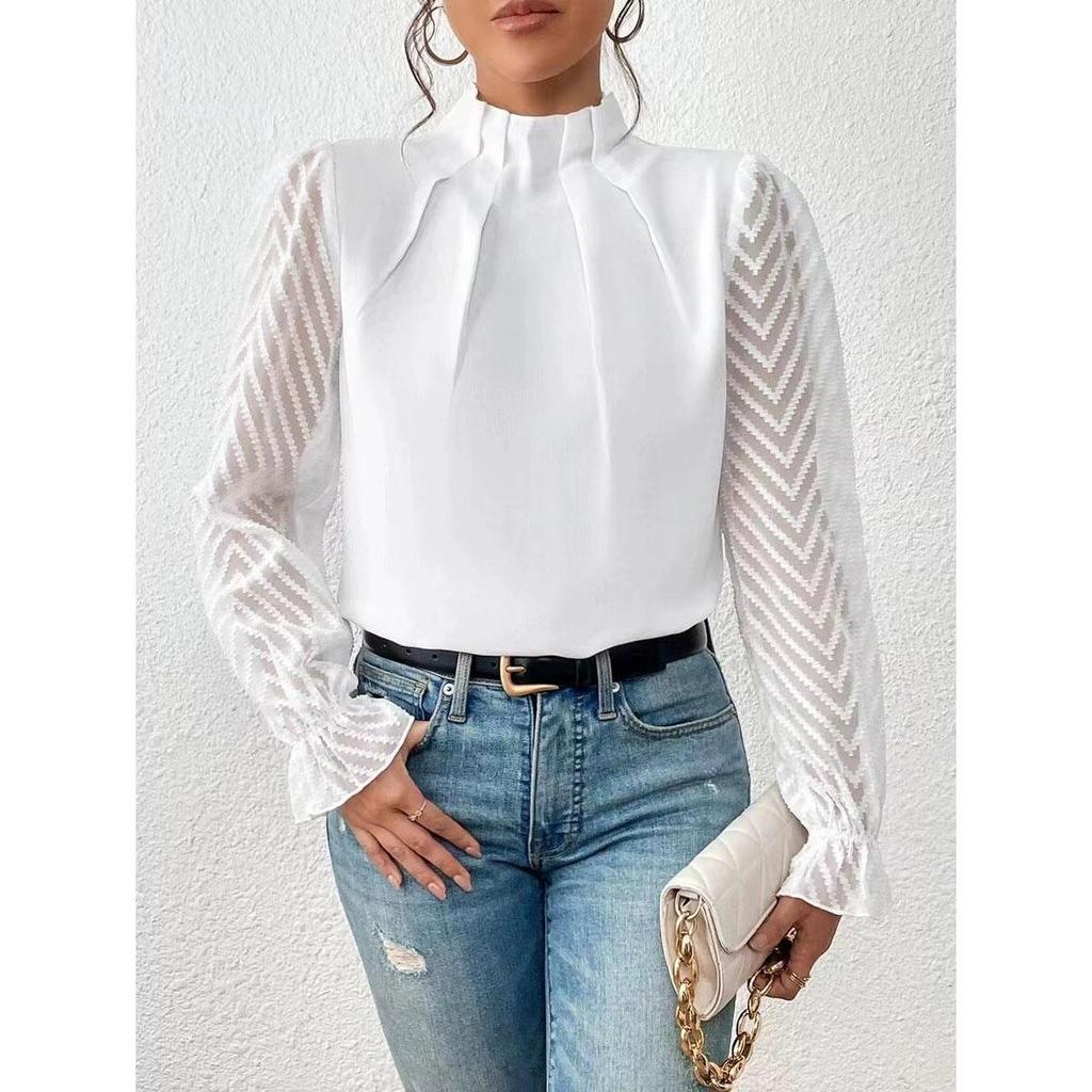 Autumn and Winter Pure Color Half High Collar Symmetrical Folding Stitching Wave Pattern Lotus Leaf Long Sleeve Top