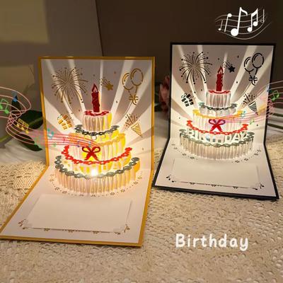 Wesołych Urodzin Kartki Muzyczne Świecące 3D z Kopertą Muzyka Światło Świecący Tort Kartka z Życzeniami Składana Pop-Up 3D Kartka z Życzeniami Tort