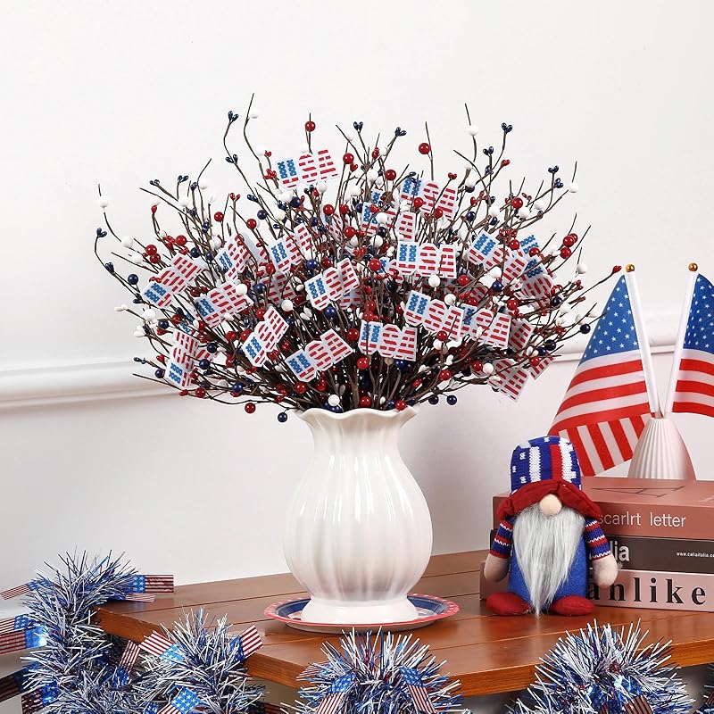 4 Pcs 4th of July Decorations Patriotic Artificial Berry Stem Picks White Blue Red Pearls and American Flags for Independence Day Memorial Day, Home