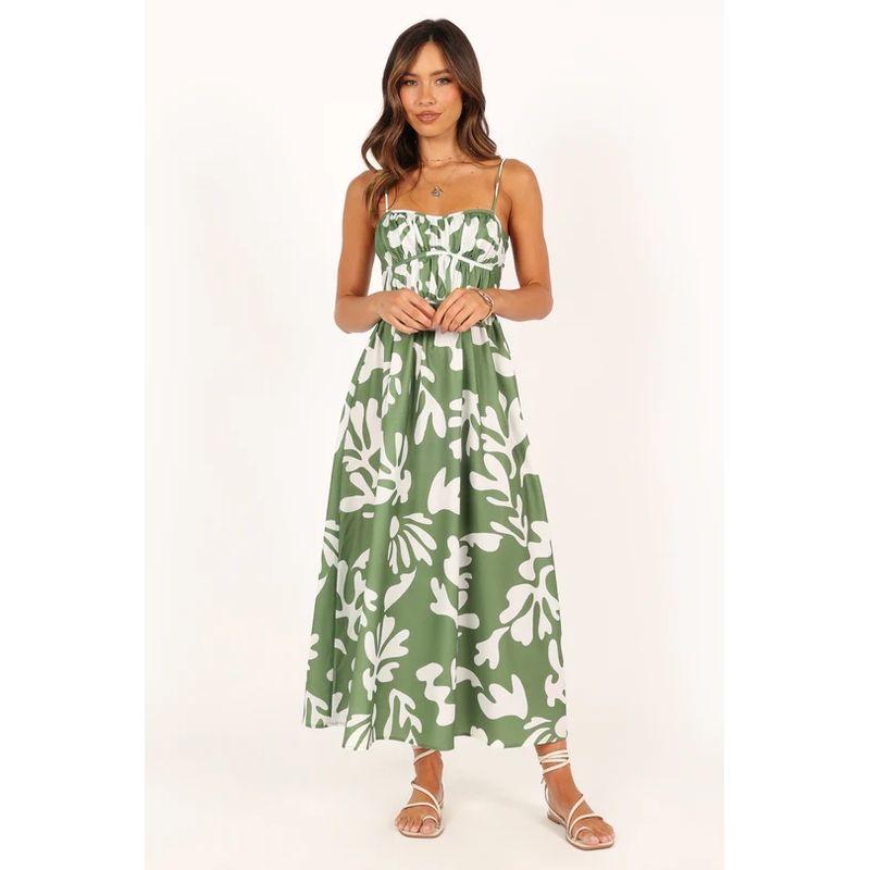 

Трансграничное Европейско-Американское Летнее Новое Платье-Слинг с Открытой Спиной Средней Длины Длинное Платье с Свежим Цветочным Принтом Облегающее Талию Green XL