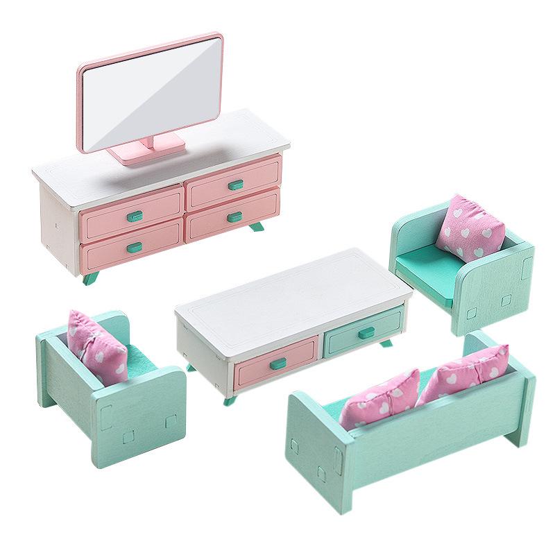 Wooden Doll Furniture Set: Mini Sofa, Cabinet, and Wardrobe for Child's Pretend Play