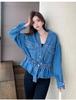 Veste en jean décontractée à col en V, style coréen, perles, pour le printemps et l'automne 2024 - Haut polyvalent amincissant pour la taille, mode femme