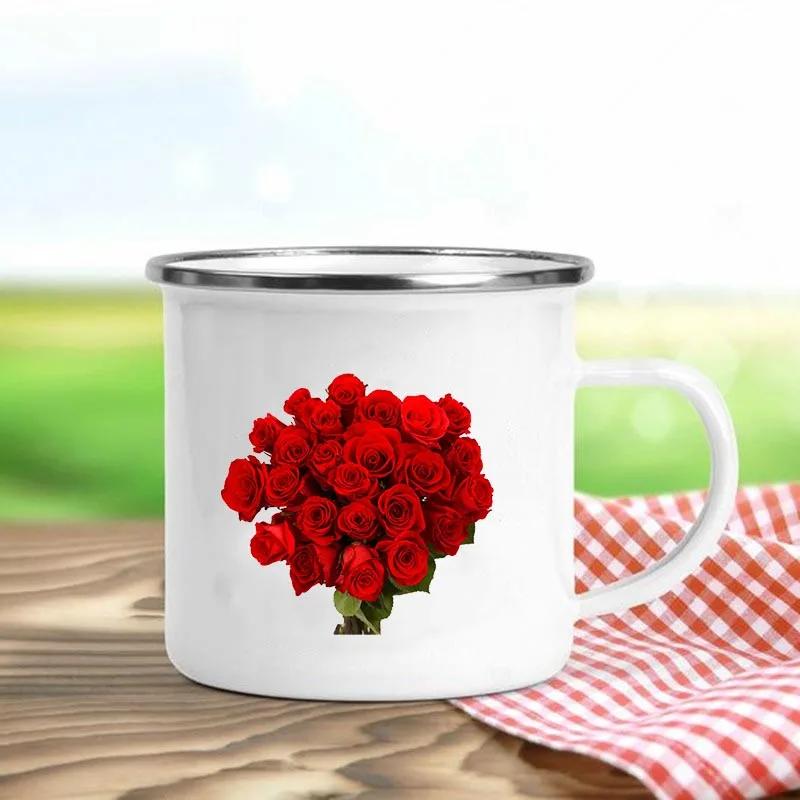 Çiçek Baskılı Retro Emaye Kupalar Yaratıcı Kahve Kupaları Yaz Açık Hava Piknik İçecekler Meyve Suyu Süt Kamp Kupaları Saplı İçecek Kapları Hediyeler