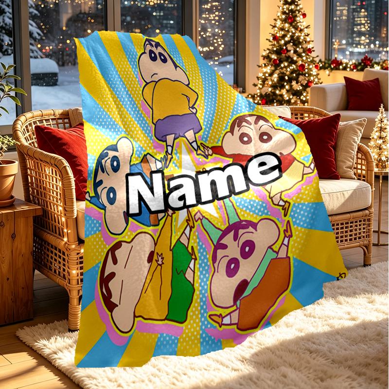 Custom Name Personalized Crayon Shin Print Blanket, Home Decor, Bedroom, Sofa, Camping, Couch, Gifts for Birthday Christmas