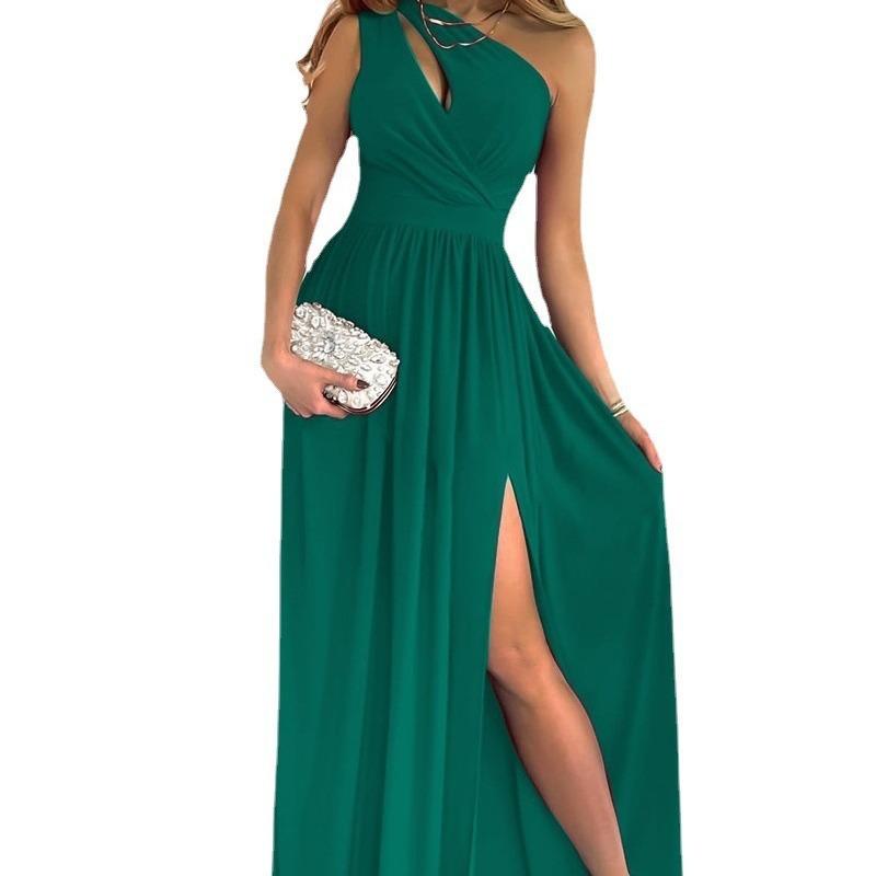 European and American Women's Clothing Slanted Shoulder Hollow Temperament High Split Dress Long Skirt
