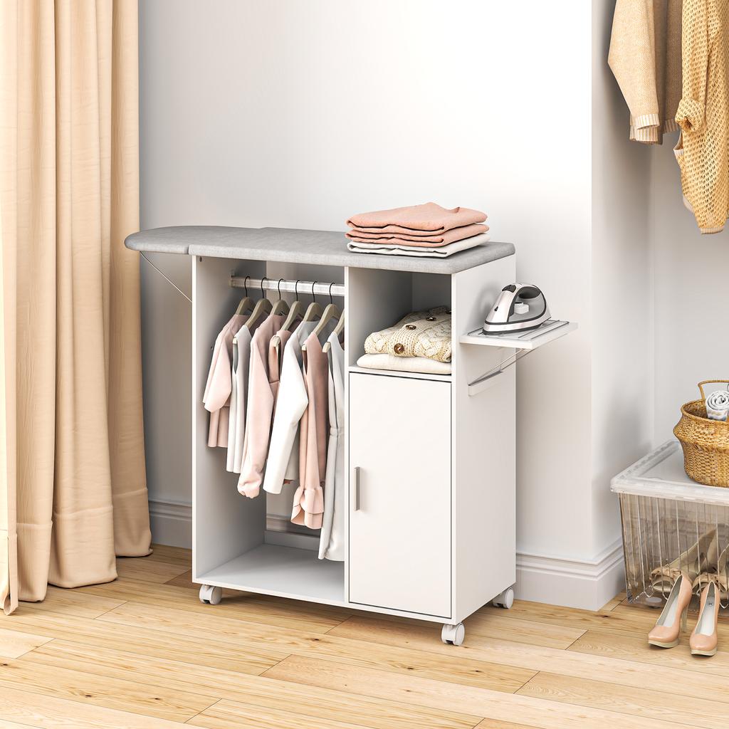 Rollbares Bügelbrettschrank, Klappbare Bügelstation mit Stauraum, Räder für Zuhause, Waschküche, Weiß