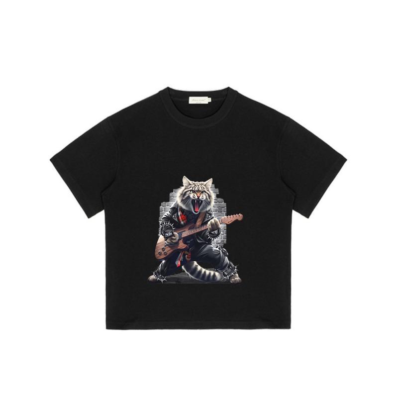 Schwarzes T-Shirt Mit Rock-Katze, Die Gitarre Spielt, Für Freizeitkleidung