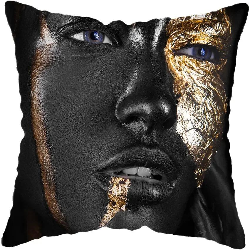 Modern Living Room Black Gold African Lady Woman Style Look Art Deco Sofa Pillowcase Cushion Cover