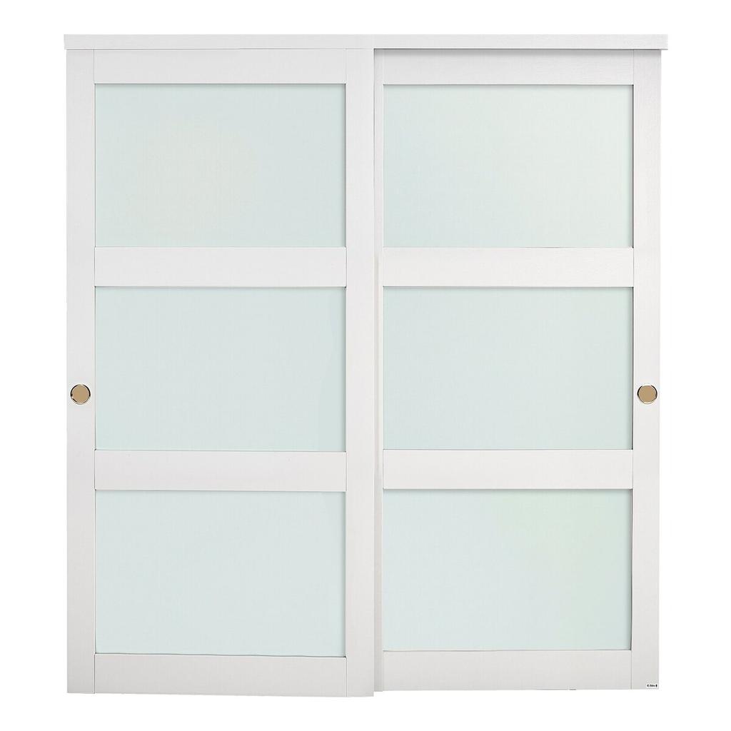 Sliding Closet Door, 1829mm (Double 940mm) x 2032 mm, 3-Lite Frosted Glass Bypass Sliding Doors with Hardware Kit, Solid Wood & MDF Slab with