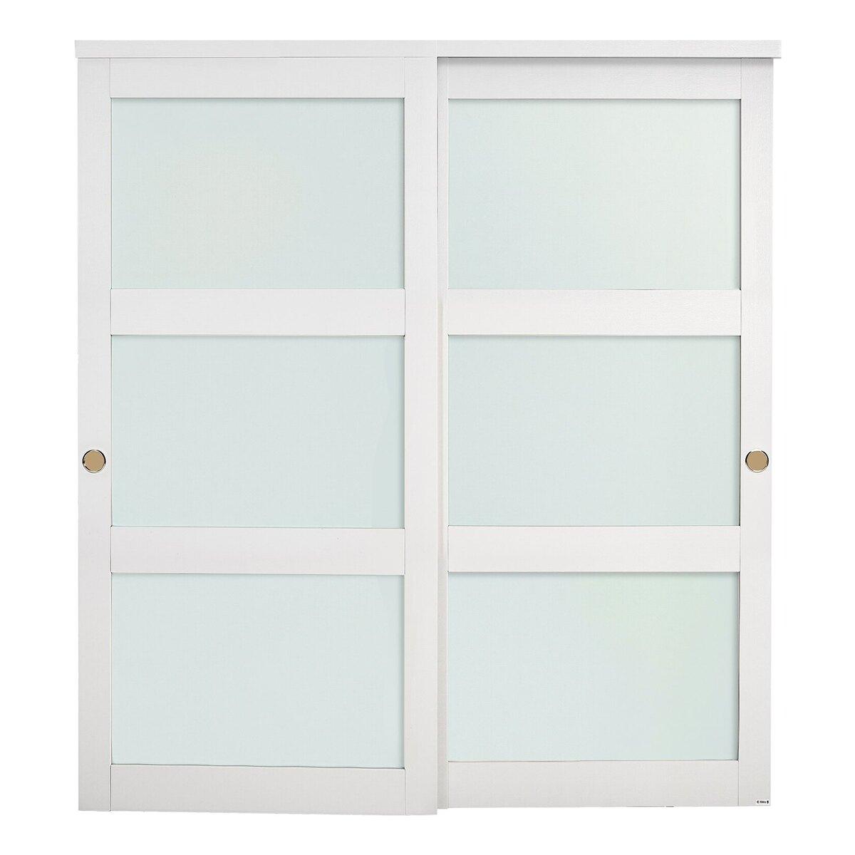 Schiebetür für Kleiderschrank, 1829mm (Doppel 940mm) x 2032 mm, 3-teilige Milchglas-Schiebetüren mit Überlappung und Beschlagsatz, Massivholz & MDF-Platte mit