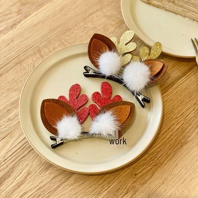 Bestseller Weihnachts Rentier Geweih Pompon Haarspangen - Faux Goldenes Nerzfell Haaraccessoires