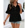Womens Eyelet Embroidery Peplum Shirt With Point Collar And Ruffle Short Sleeve Casual Blouse