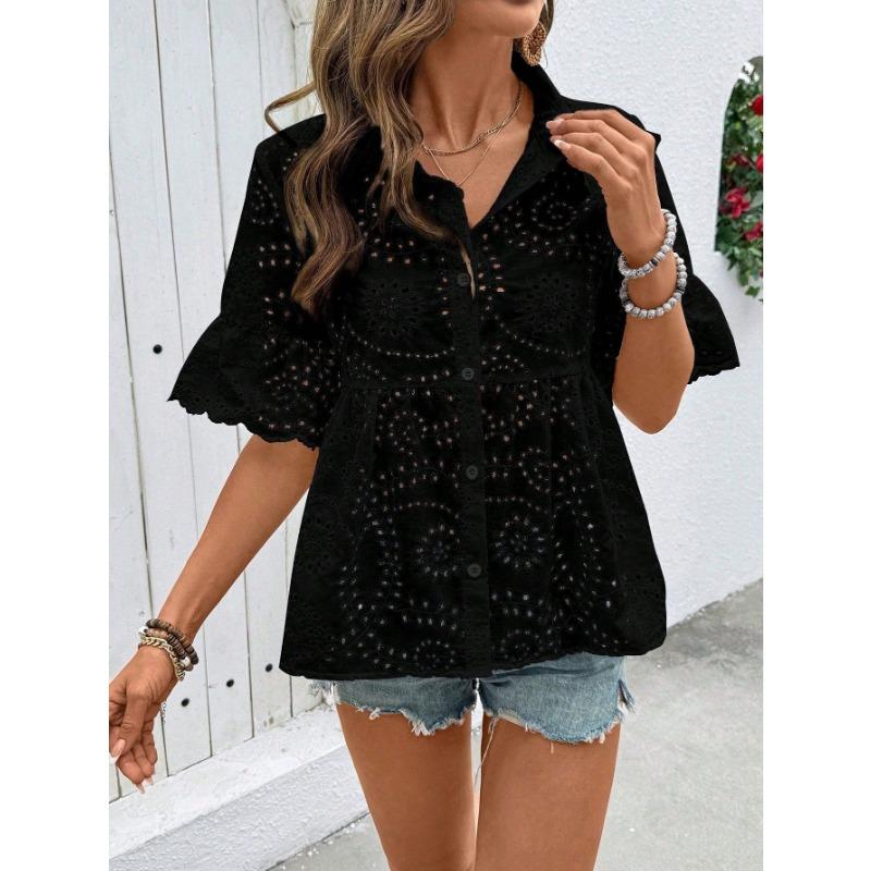 Womens Eyelet Embroidery Peplum Shirt With Point Collar And Ruffle Short Sleeve Casual Blouse