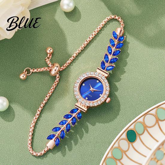 Quartz Movement Watch Women Rhinestone Leaf Round Dial Ladies Casual