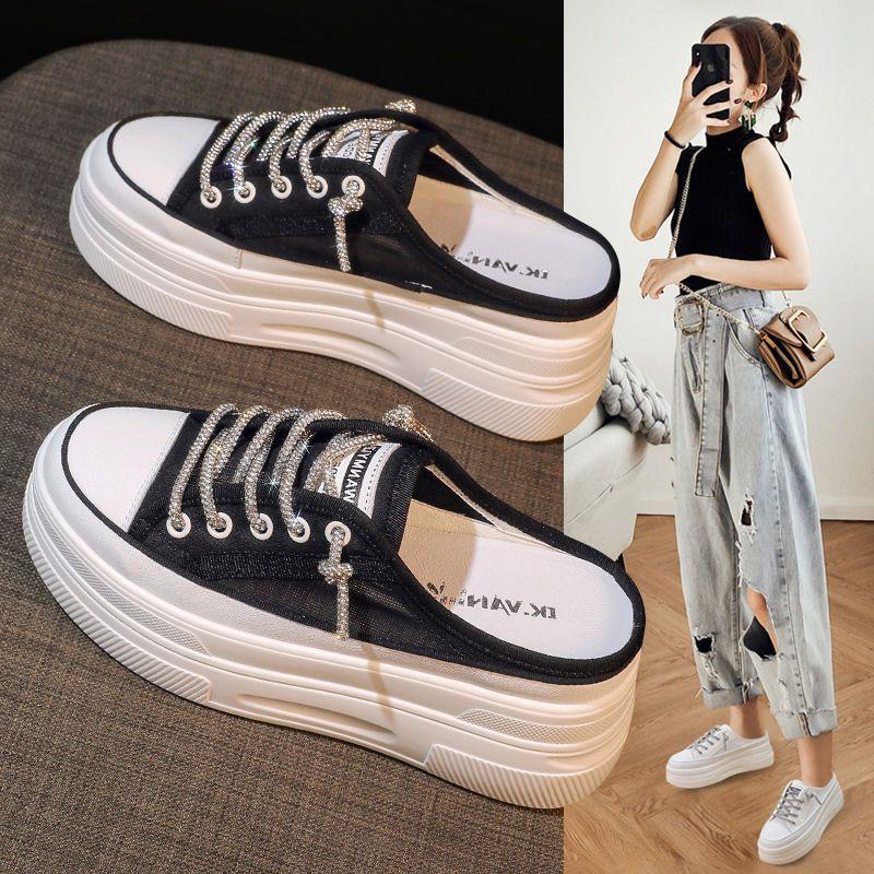 2025 spring and autumn models inner height-increasing women's shoes fashionable half-drag versatile lazy little white shoes changeable
