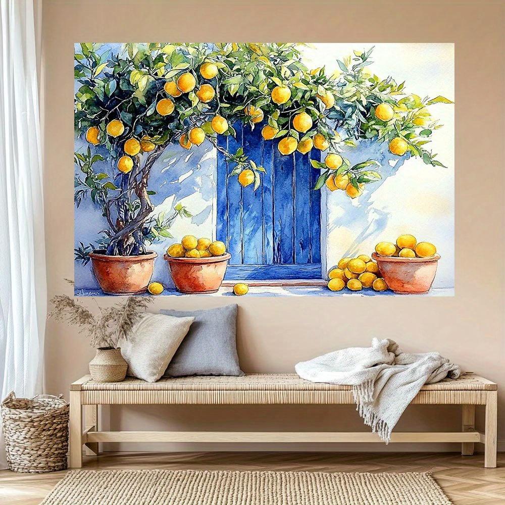 2D flat 1 piece lemon sunshine courtyard print party banner - Bright lemon tree and blue door design