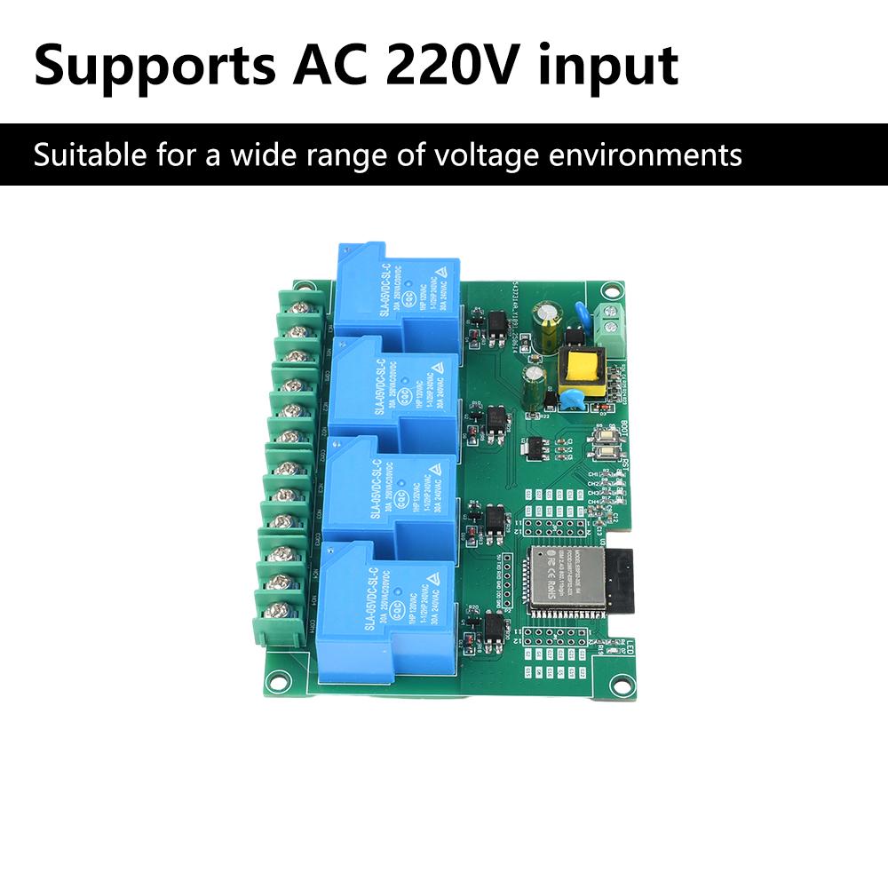 AC 220V 30A WIFI BT 4 Way Relay Module Onboard Esp32E Module Supports Secondary Development WIFI Bluetooth Connectivity