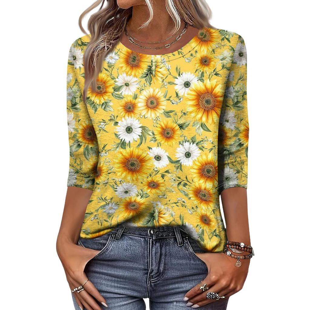 Women's Fashion Casual Round Neck 3/4 Sleeve Loose Printed T-Shirt Ladies Top