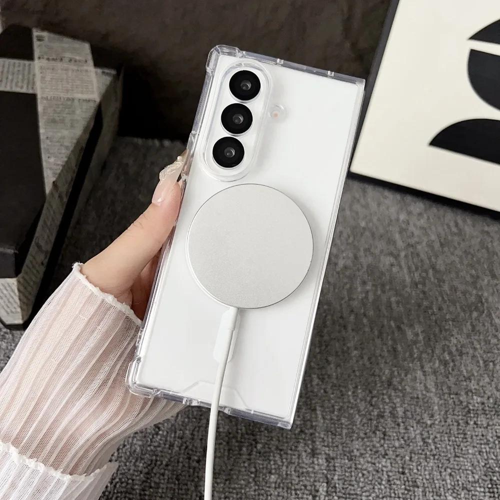 Luxury Transparent for Magsafe Hard Case for Samsung Galaxy Z Fold 7 6 5 4 3 Zfold Magnetic Wireless Charging Airbag Slim Cover