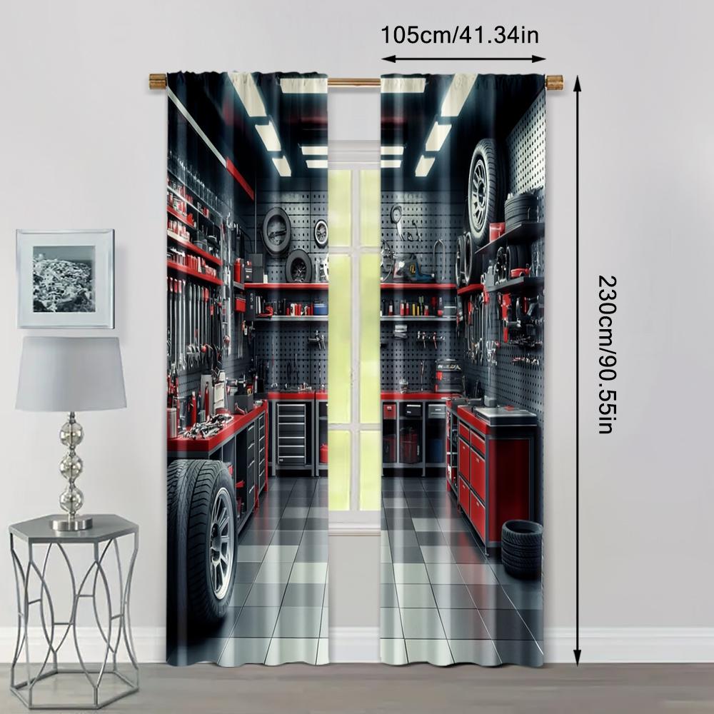 2pcs, Curtains Digital Printed Garage Tools Workshop Versatile 100% Polyester (without rod) Holiday Ldeal for Living Room and