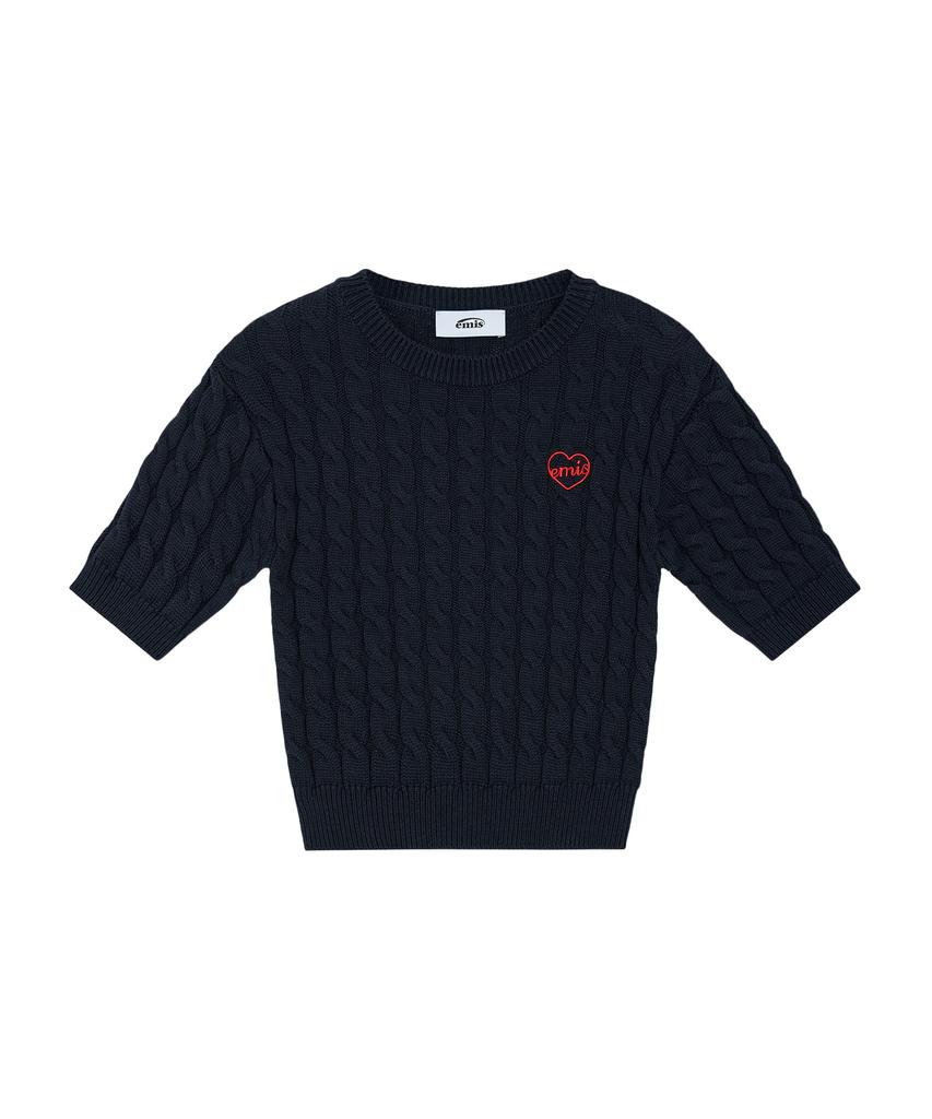 Imiseu Heart Cable Cropped Knit Top-Navy