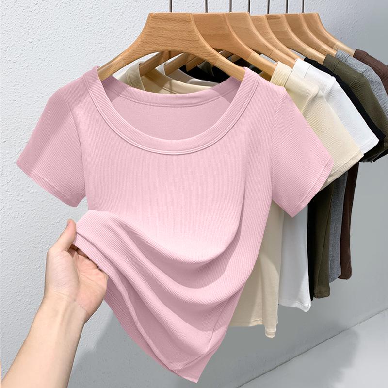 Women's High-Quality Ribbed Round Neck Short Sleeve Slimming T-Shirt – Versatile, Stretchy, Solid Color Summer Top