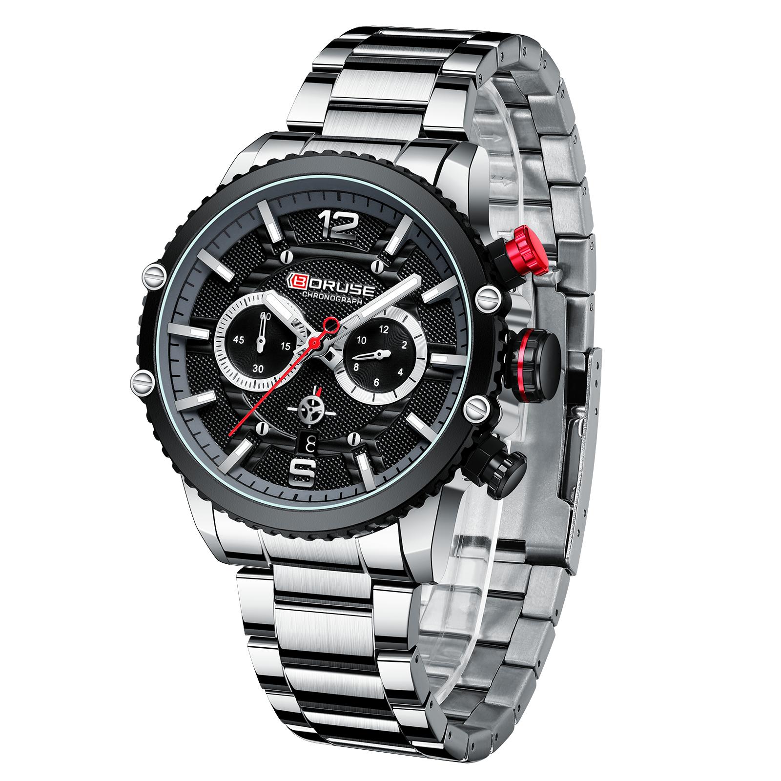 

BORUSE Мужские часы класса люкс из нержавеющей стали с хронографом, модные деловые часы с большим циферблатом, водонепроницаемые, светящиеся, с календарем, аналоговые кварцевые часы серебряный