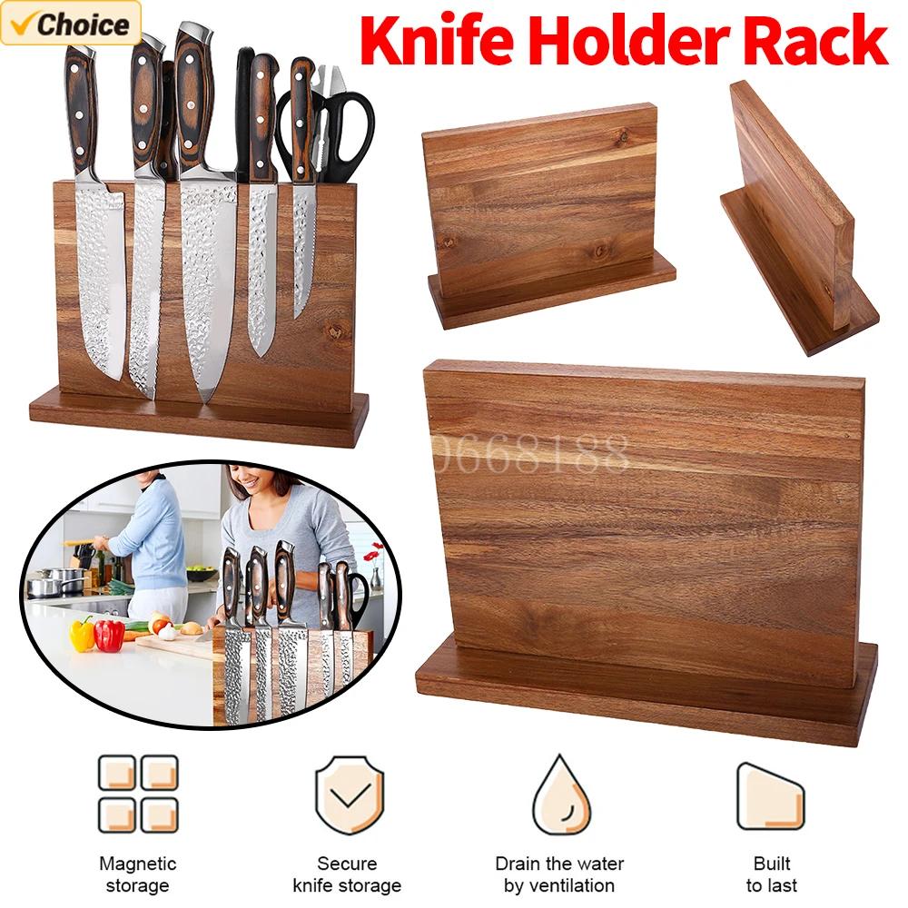 Double Side Magnetic Knife Holder Acacia Wood Universal Knife Holder Home Knife Cutlery Storage Rack Kitchen Counter Organizer