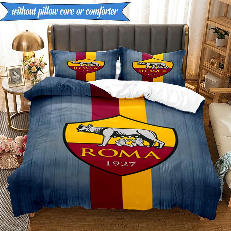 3PCS AS Roma1 Football club Printed Soft Bedding Set,Including 1pc Duvet Cover And 2pcs Pillowcases Perfect for Bedroom, Dormitory, Fan gift