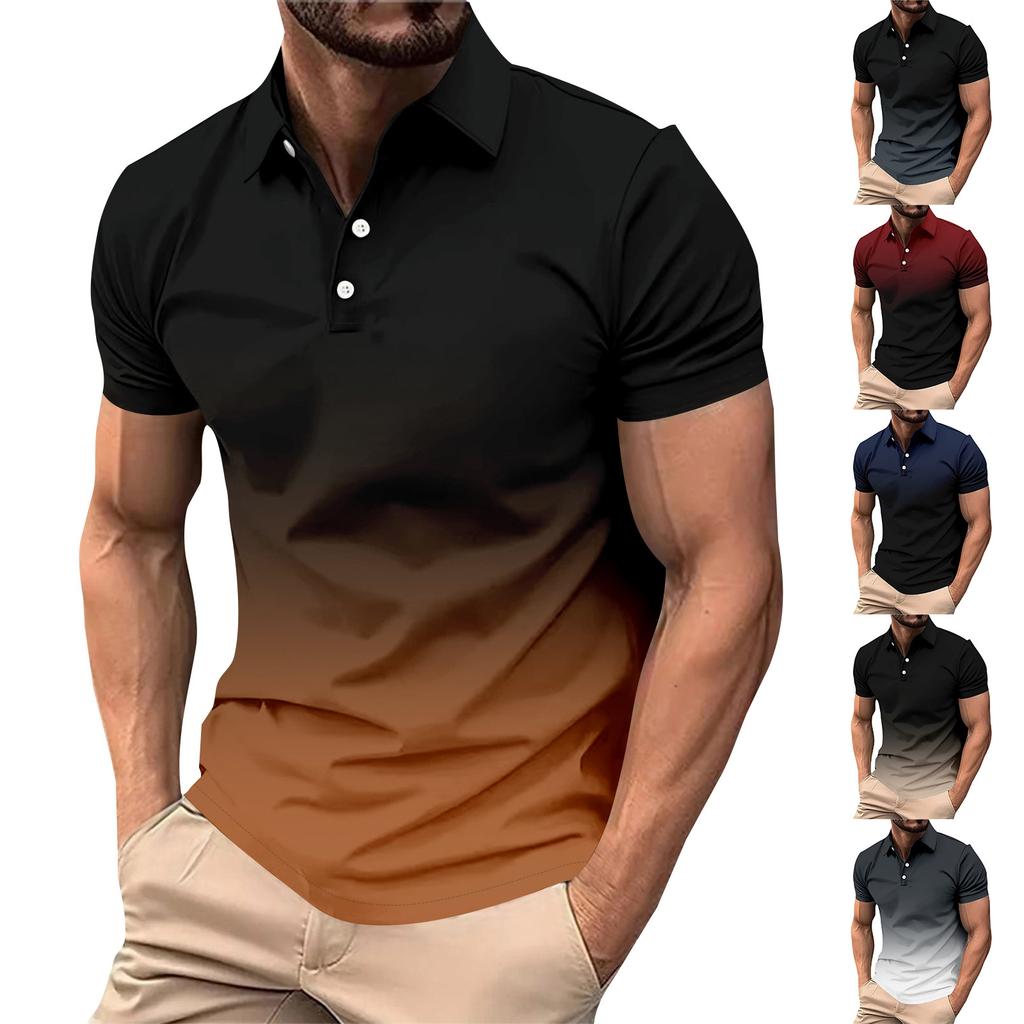 Gradient Color Summer Short Sleeved Lapel Button Men's Casual Top