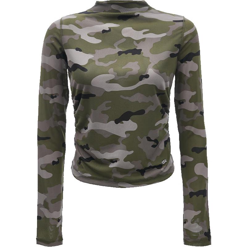 ONLY Women's 2024 Spring Semi-Sheer Camouflage Mock Neck Long Sleeve Tee