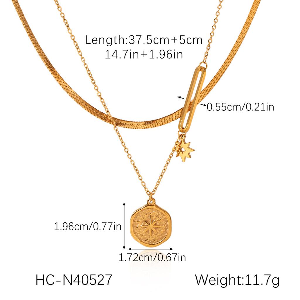 Double-layered Stacked Blade Chain Stainless Steel Necklace with Round Plaque Relief Eight-pointed Star Pendant Jewelry