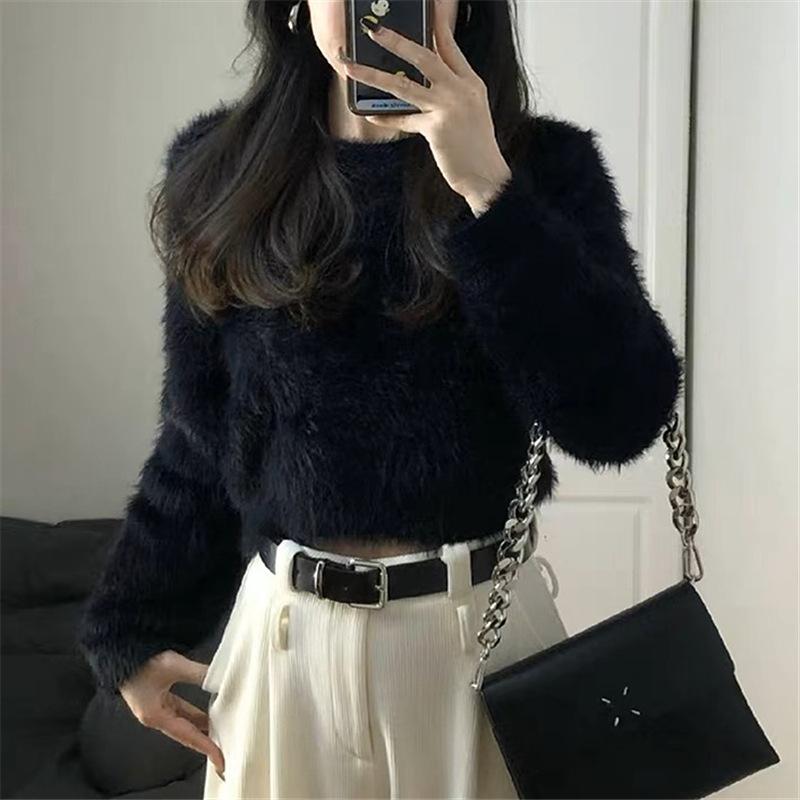 

Женский свитер из искусственного норкового флиса нежного ветра однотонный, осенне-зимний, высококачественный мягкий ворсистый короткий вязаный базовый свитер one size fits all чёрный