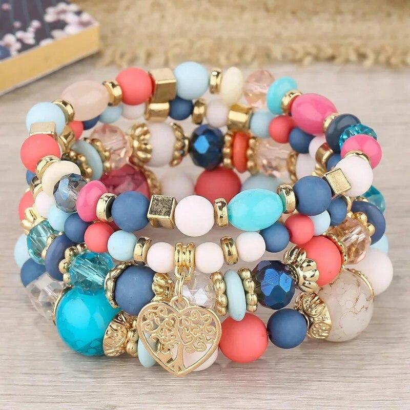 Bohemian Heart Tree Charm Bead Bracelets Set New Statement Multilayered Bracelets Pendant Charm Stretch Bangles Female Jewelry