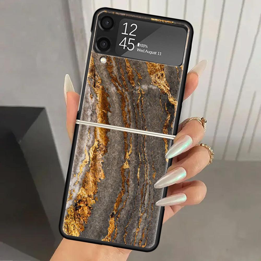 

Fashion Gold Pink Geometric Marble Hard PC Phone Case For Samsung Galaxy Z Flip 6 5 4 3 Black Cover ZFlip6 Flip5 Flip4 5G Foldab Samsung Z Flip