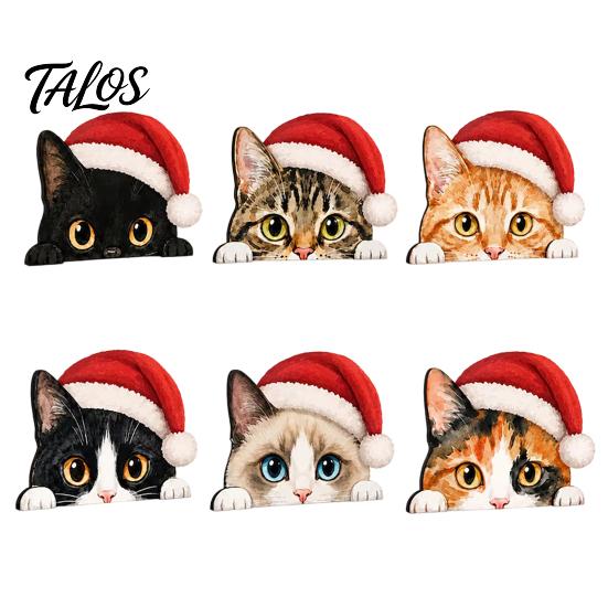Holiday Table Decoration Cute Cat Shelf Sitter, Wooden Christmas Hat Peeking Desk Figurine, Funny Animal Centerpiece Sign, Lover Gift for Home Office